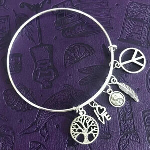 Peace & Love High Polish Stainless Steel Adjustable Charm Bracelet NWT